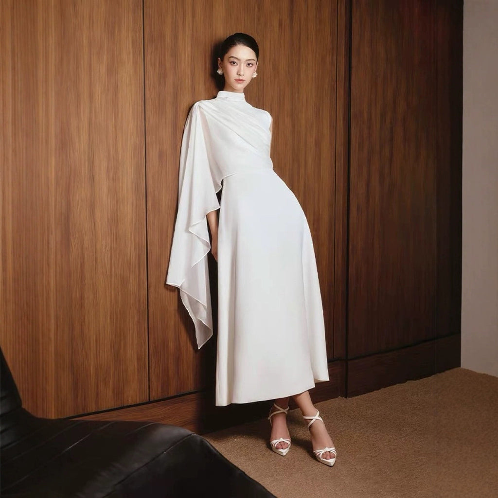 Grace White Draped Cape-Sleeve Gown