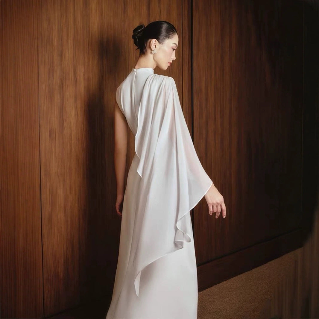Grace White Draped Cape-Sleeve Gown