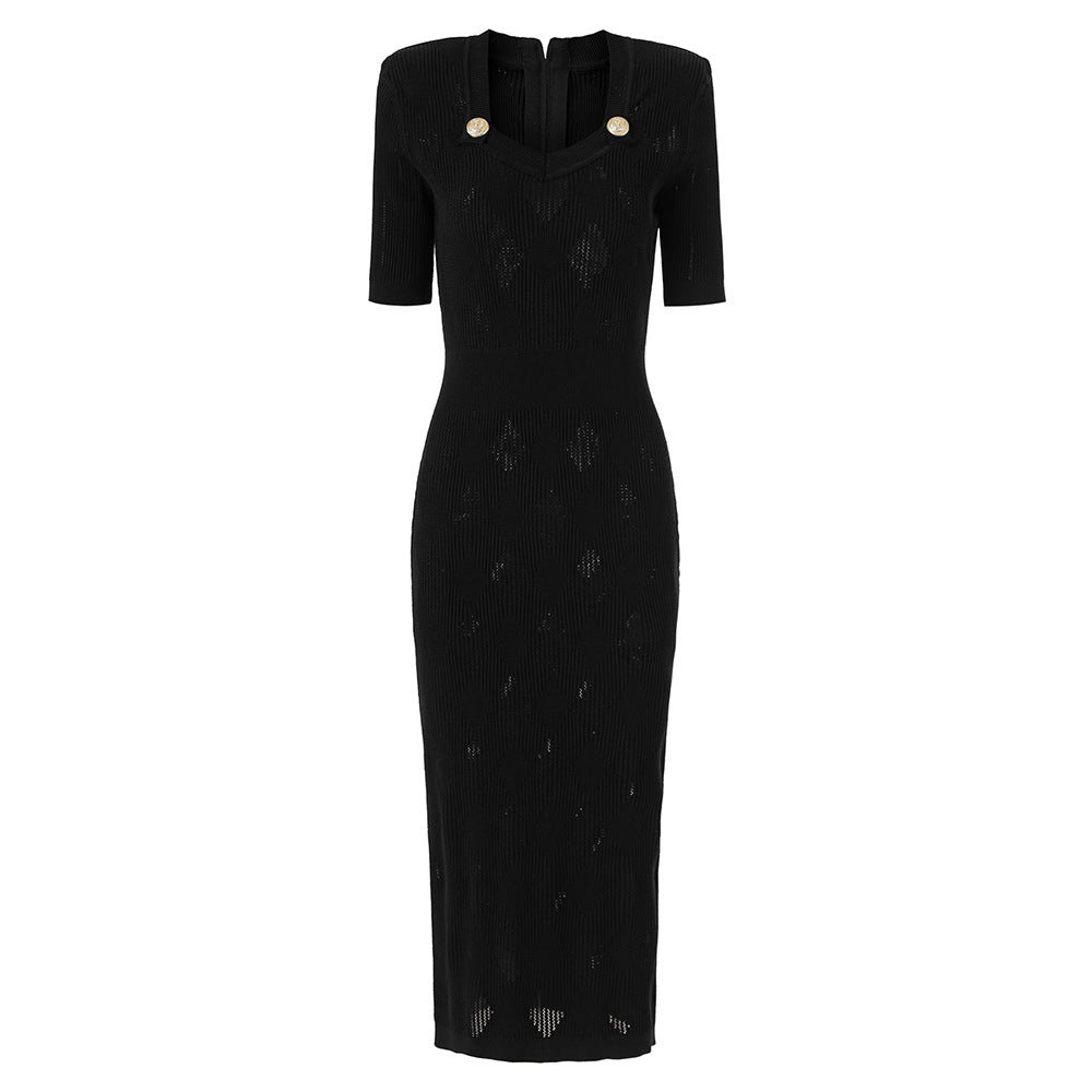 Jackie Black Ribbed Midi Dress (Gold Neck Buttons)